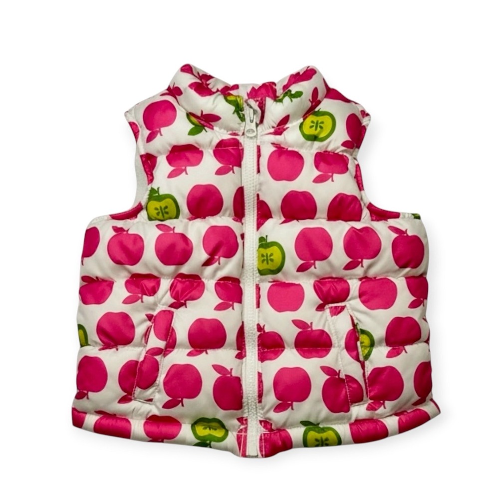 Old Navy Puffer Vest Pink Apple Print Excellent 18-24M Toddler Kids